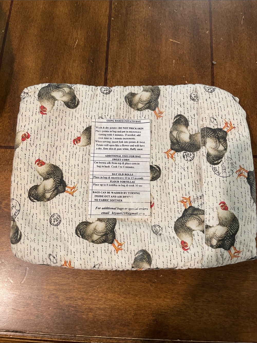 Quilted Chicken Print Microwave Potato Bag - Cream with Black & Orange Chickens